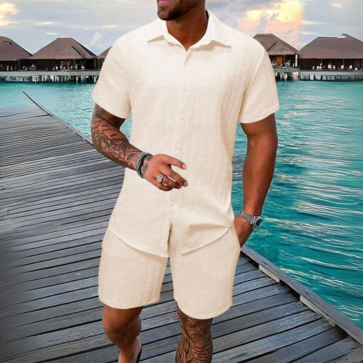 "Men's casual linen set with short sleeve shirt and shorts in beige, relaxed fit, breathable for summer comfort."