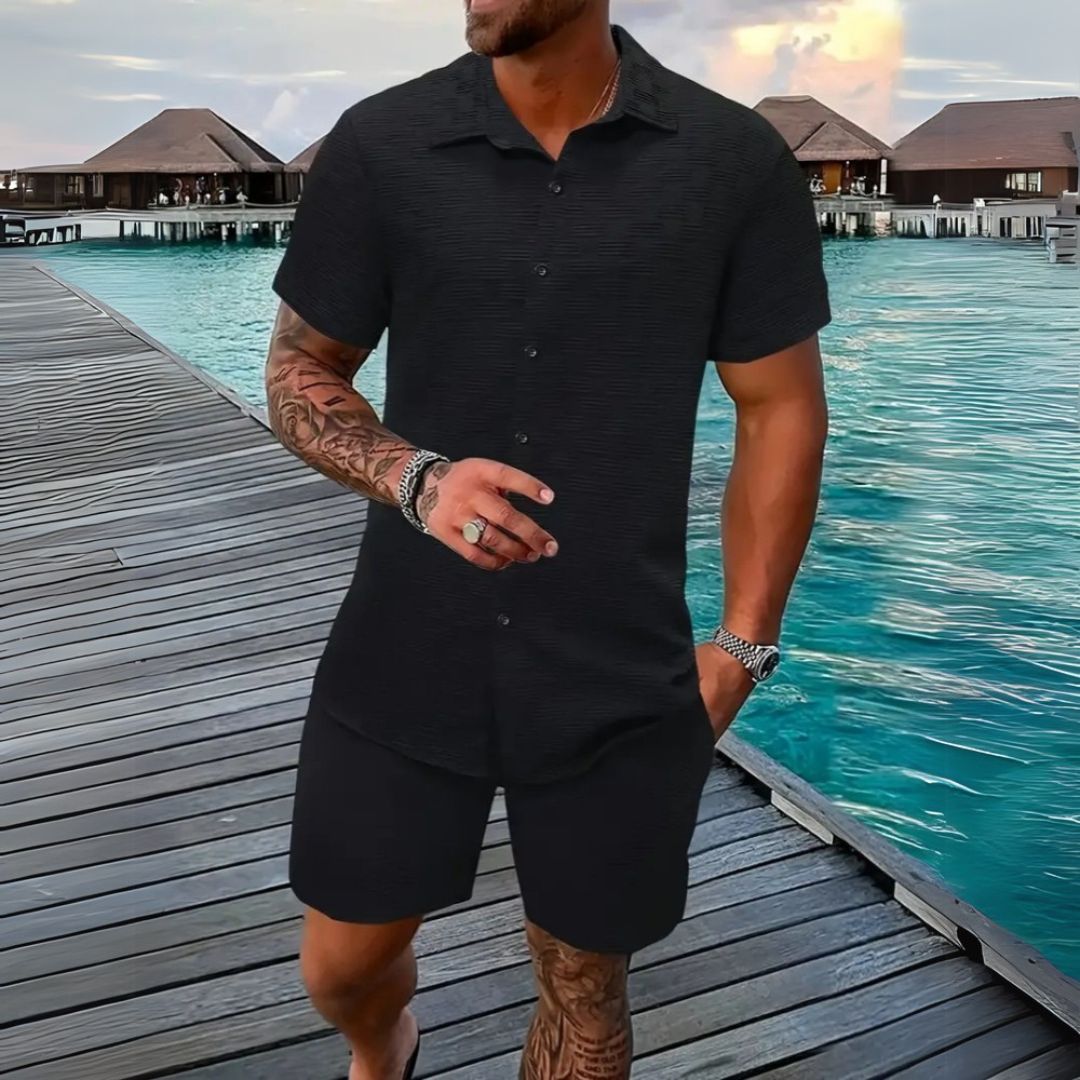 "Men's casual linen set with short sleeve shirt and shorts in beige, relaxed fit, breathable for summer comfort."