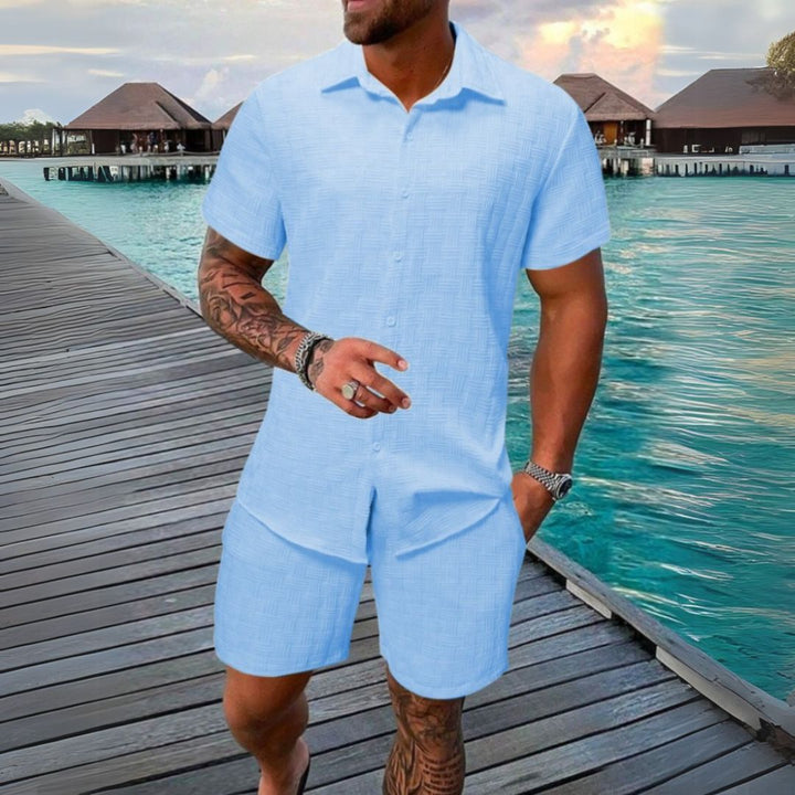 "Men's casual linen set with short sleeve shirt and shorts in beige, relaxed fit, breathable for summer comfort."