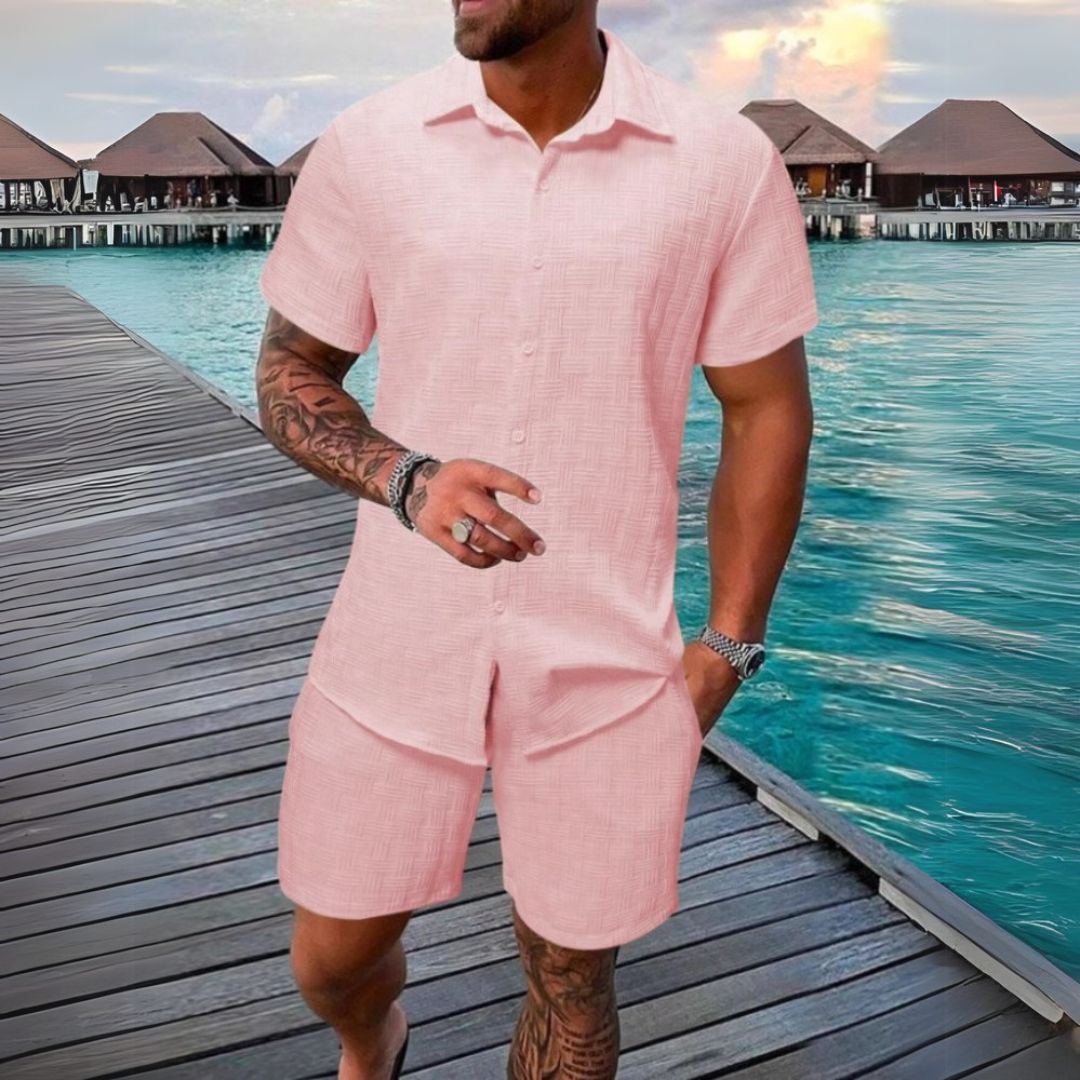 "Men's casual linen set with short sleeve shirt and shorts in beige, relaxed fit, breathable for summer comfort."