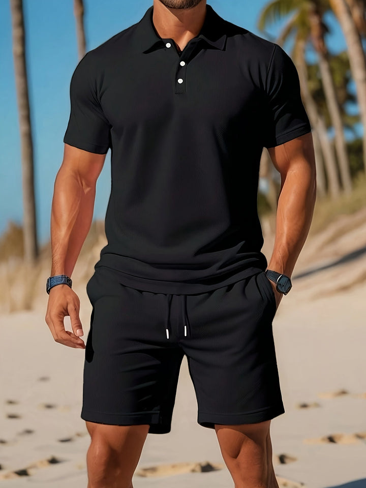 Men's casual polo shirt and shorts set in various colors, featuring a ribbed collar and drawstring shorts for style and comfo