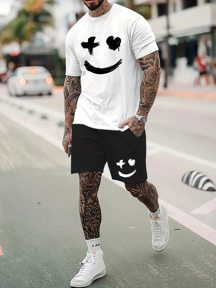 "Men's casual set with bold smiley face print T-shirt and matching drawstring shorts, vibrant and eye-catching for summer."