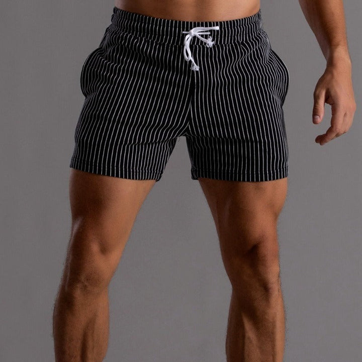 Men's casual striped shorts in black, offering a sleek and versatile option for any casual occasion.