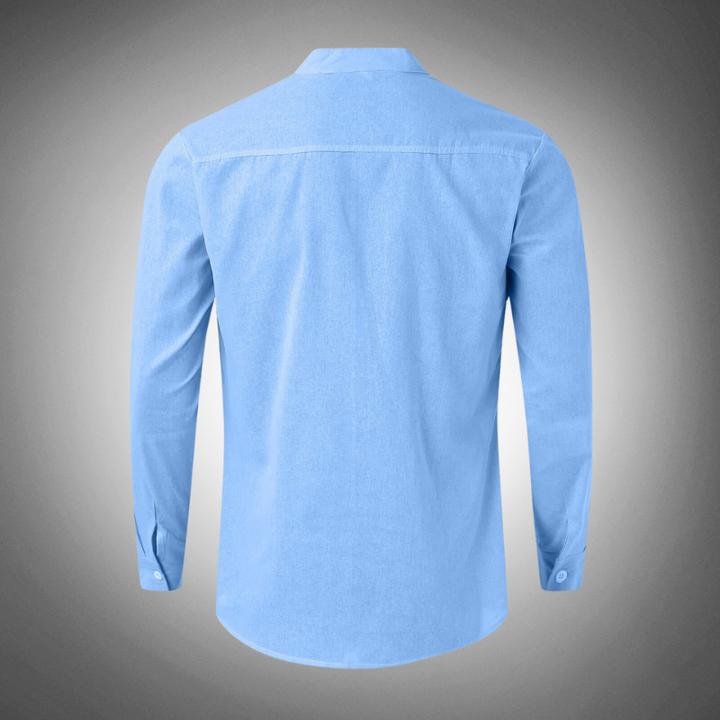 Men's classic cotton button-up shirt, front view. White shirt with a classic collar and chest pocket for versatile style.