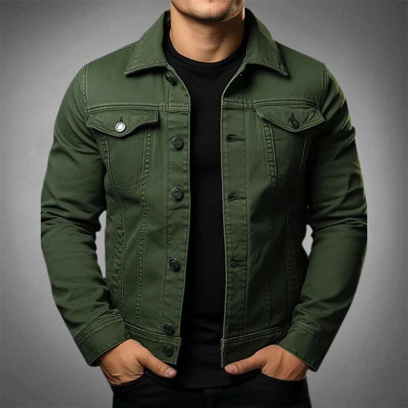 "Men's classic cotton denim jacket, stylish versatile design, durable, button-up, chest and side pockets, timeless appeal."