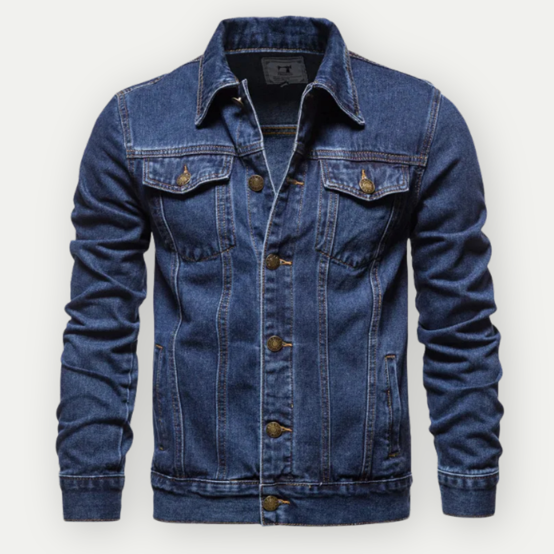 Men's classic denim jacket, structured fit, perfect for layering in spring or autumn, includes front and back views.