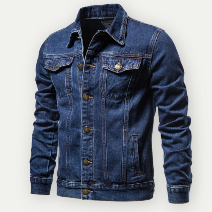 Men's classic denim jacket, structured fit, perfect for layering in spring or autumn, includes front and back views.