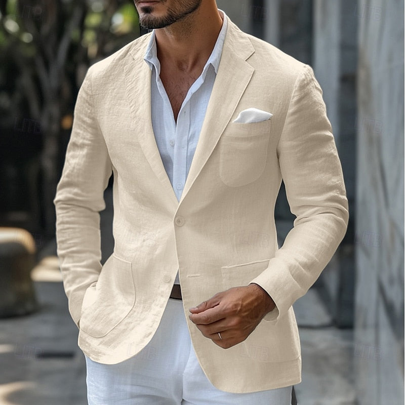 Men's classic linen blazer in beige, tailored for a sleek fit, ideal for summer elegance with versatile styling options.