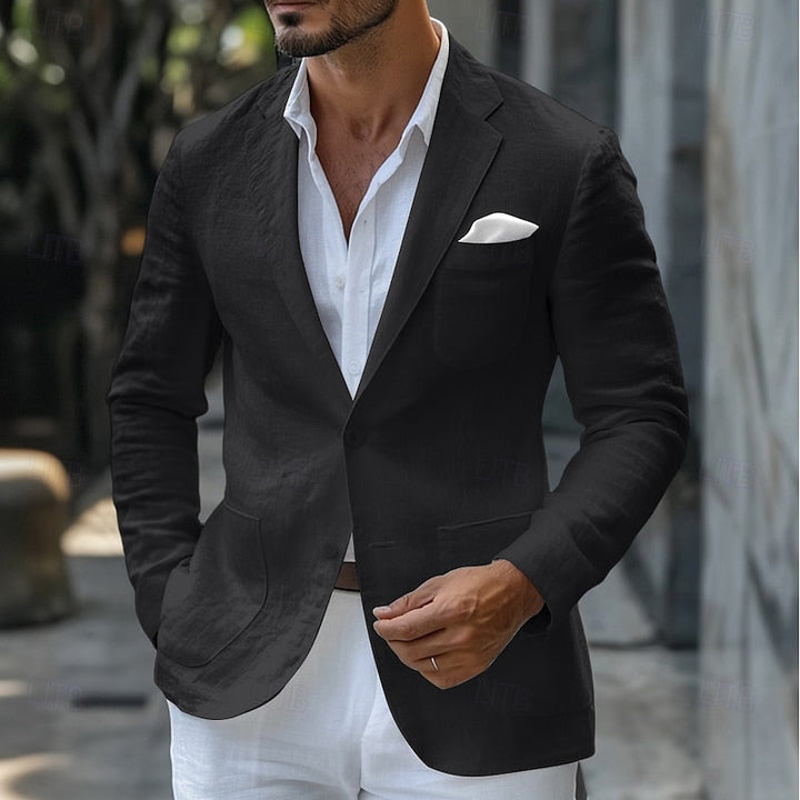 Men's classic linen blazer in beige, tailored for a sleek fit, ideal for summer elegance with versatile styling options.