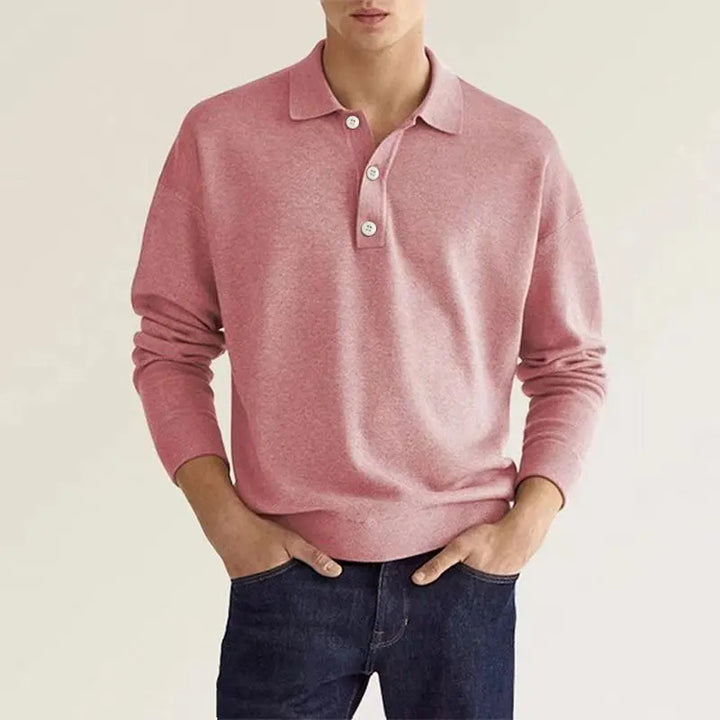 Men's classic long-sleeve polo shirt in grey with a polished collar, showcasing modern comfort and trendy fashion.