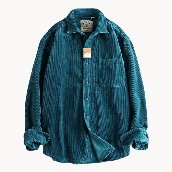 Men's classic orange corduroy shirt with button-down front and textured fabric, ideal for layering and timeless style.
