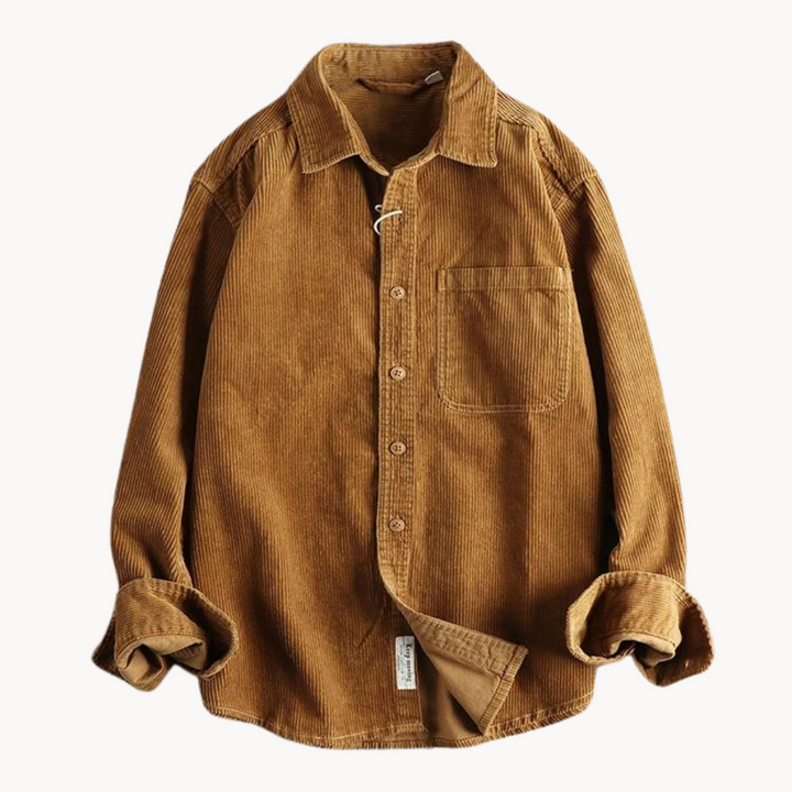 Men's classic orange corduroy shirt with button-down front and textured fabric, ideal for layering and timeless style.