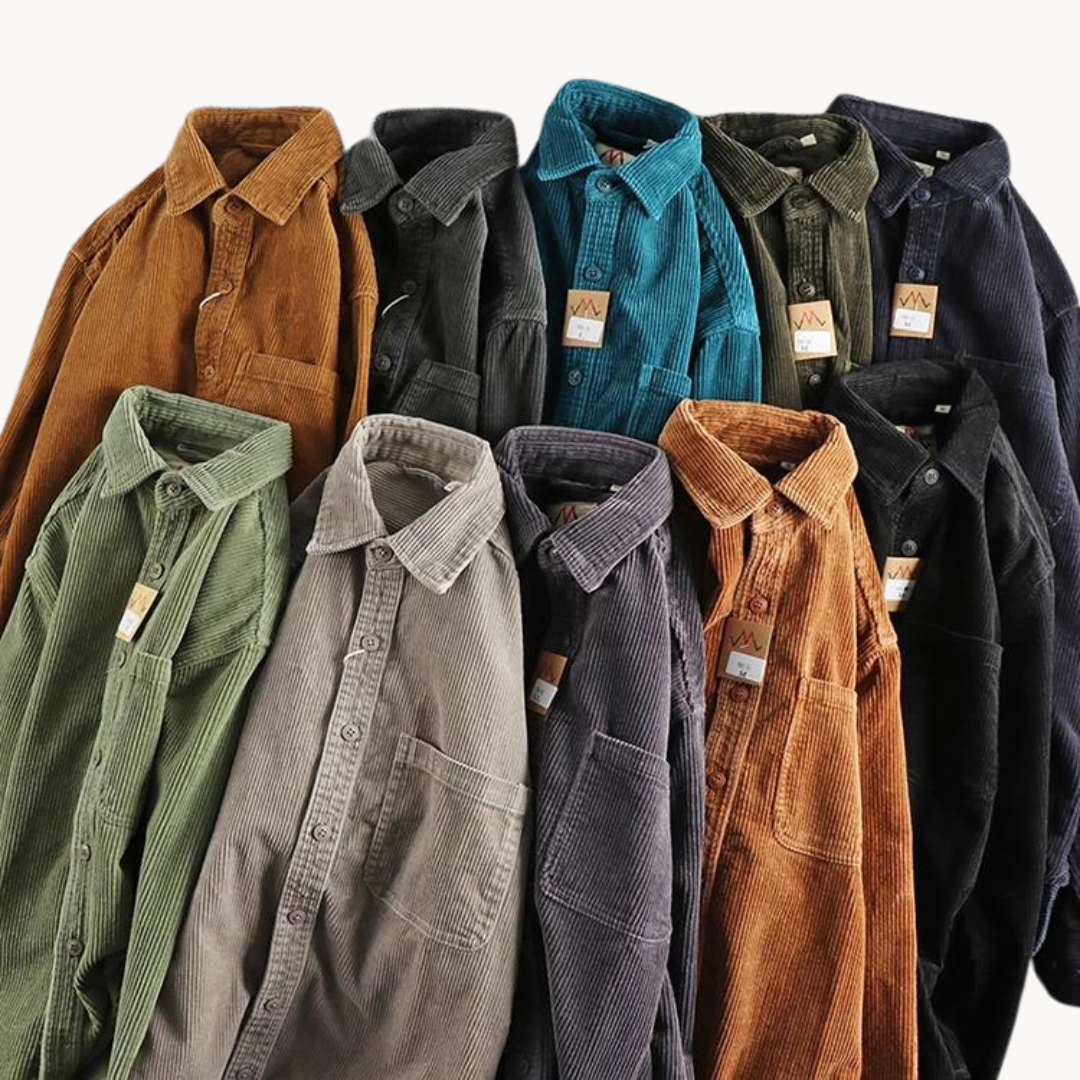 Men's classic orange corduroy shirt with button-down front and textured fabric, ideal for layering and timeless style.