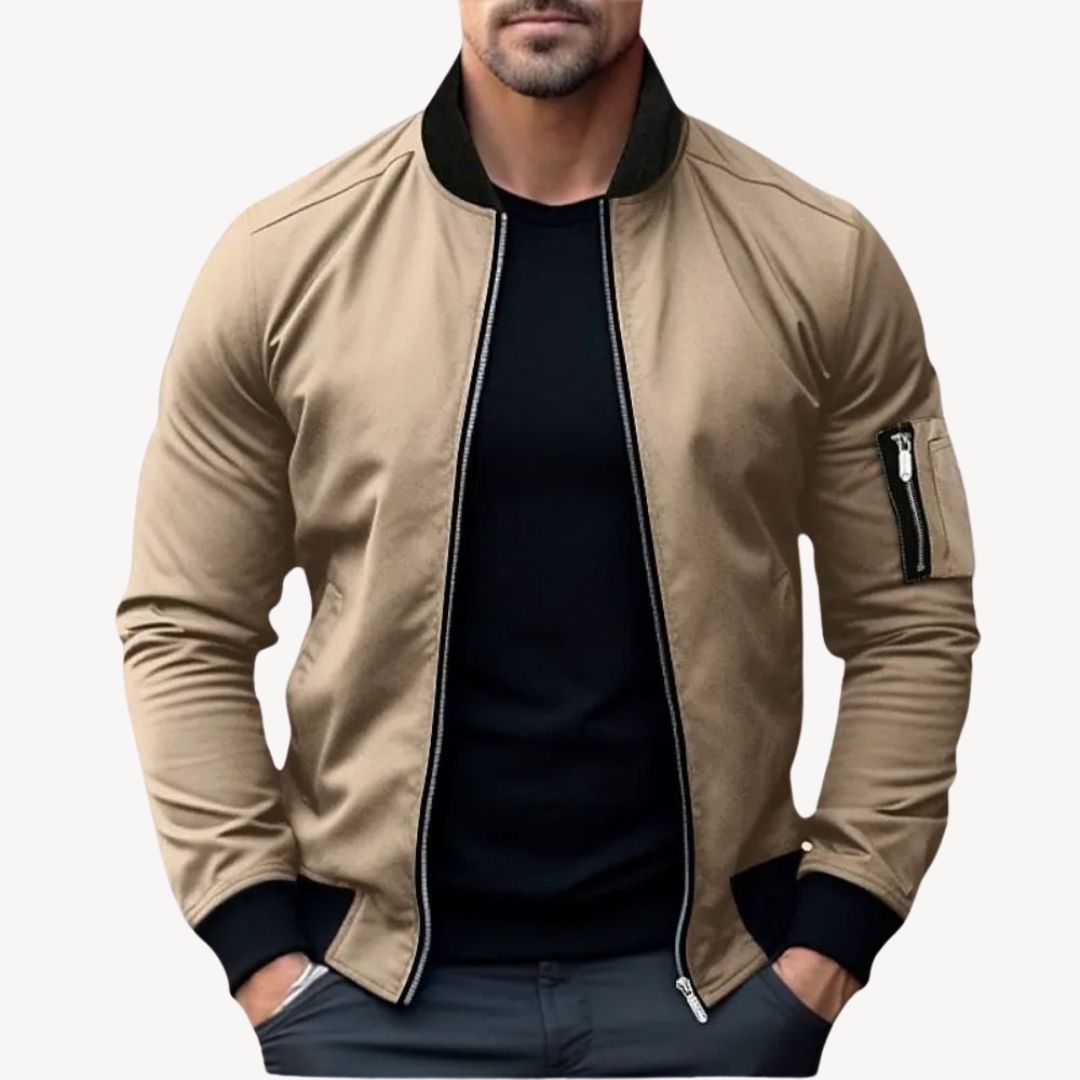 Men's classic zip-up bomber jacket with ribbed details, polyester fabric, versatile for layering, displayed front view.