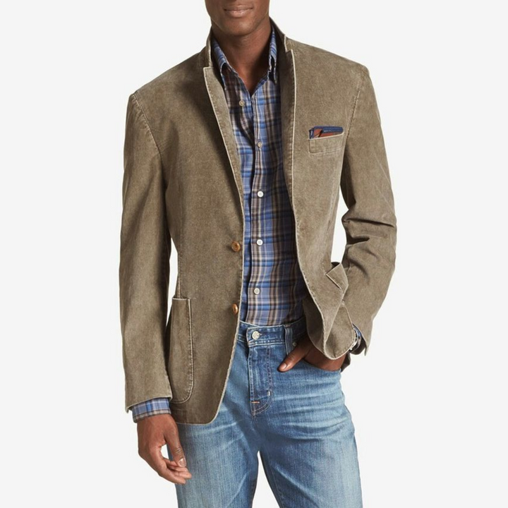 Men's cotton blazer, lightweight, breathable, versatile jacket with classic design, single-breasted, notched lapel.
