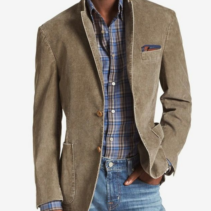 Men's cotton blazer, lightweight, breathable, versatile jacket with classic design, single-breasted, notched lapel.