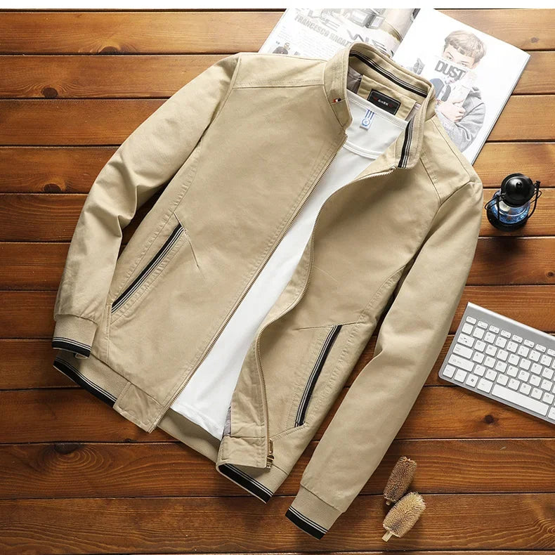 "Men's cotton bomber jacket with stand-up collar, ribbed cuffs, windproof, lightweight, perfect for spring and autumn wear."