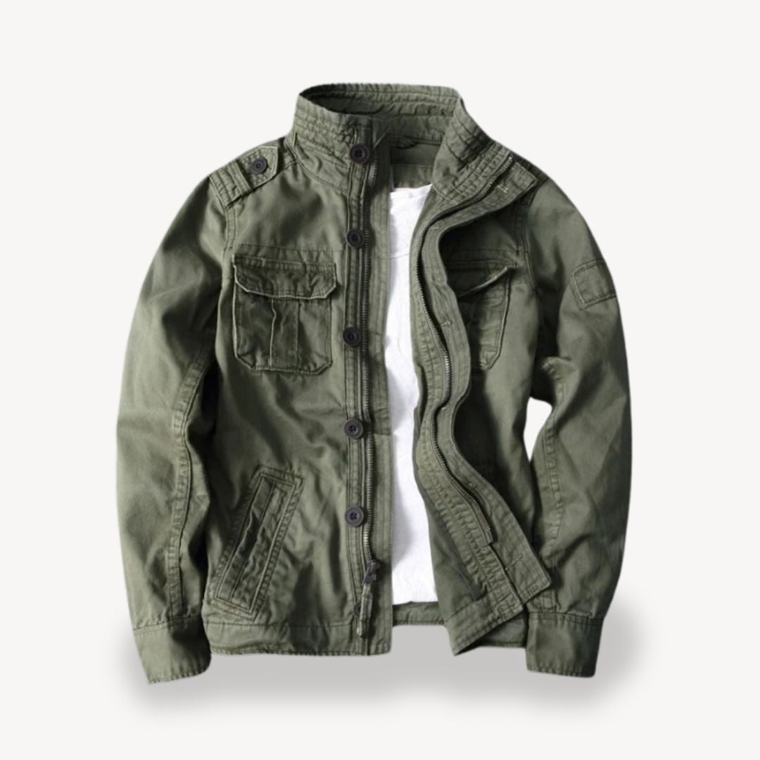 "Men's cotton field jacket, military style, army green, front view with four flap pockets and stand-up collar."