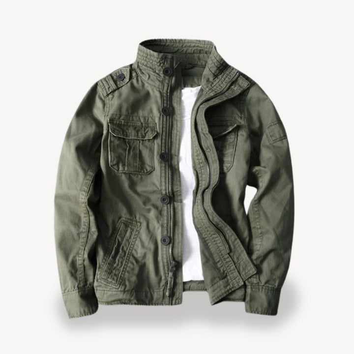 "Men's cotton field jacket, military style, army green, front view with four flap pockets and stand-up collar."