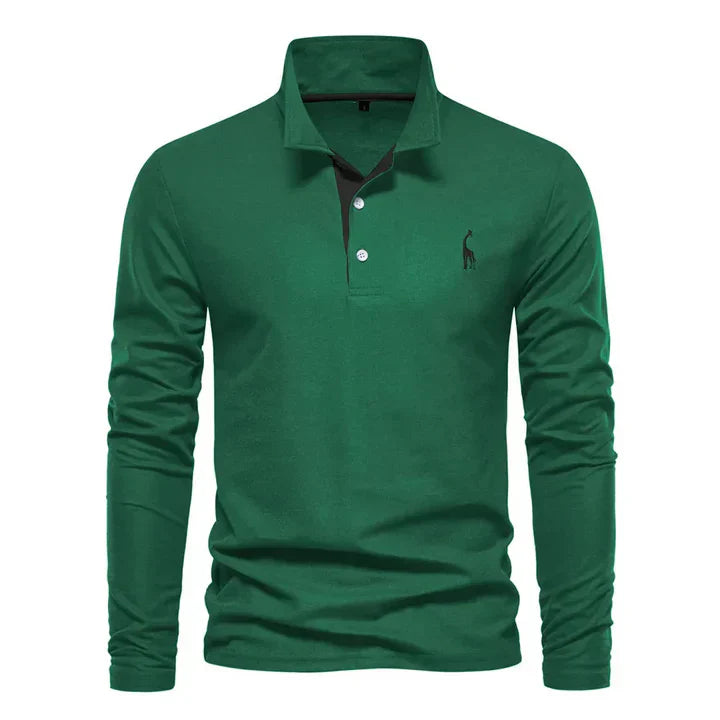 Men's cotton long-sleeved polo shirt with classic collar, shown in stylish black and red, offers modern comfort and elegance.