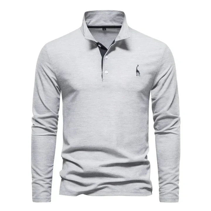 Men's cotton long-sleeved polo shirt with classic collar, shown in stylish black and red, offers modern comfort and elegance.