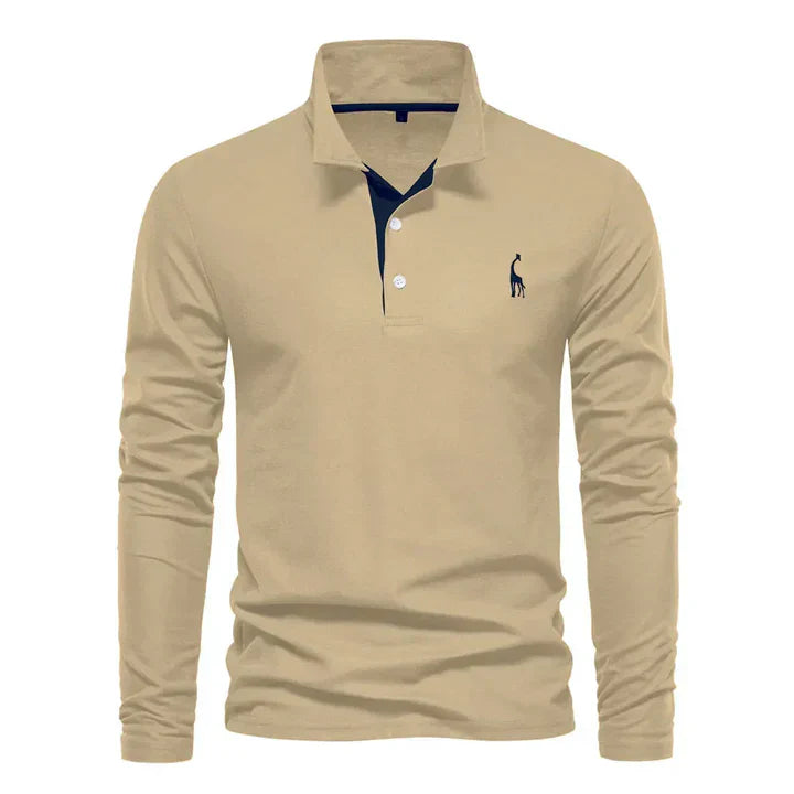 Men's cotton long-sleeved polo shirt with classic collar, shown in stylish black and red, offers modern comfort and elegance.
