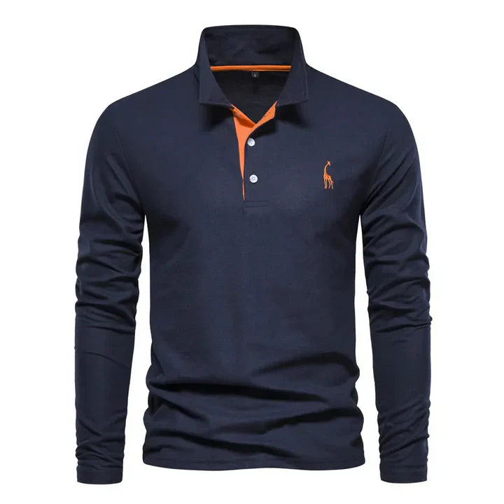 Men's cotton long-sleeved polo shirt with classic collar, shown in stylish black and red, offers modern comfort and elegance.