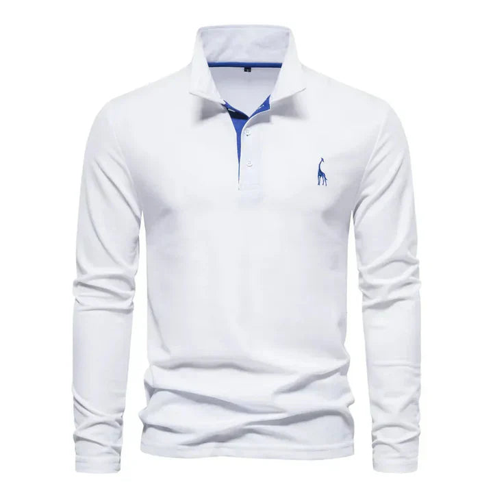 Men's cotton long-sleeved polo shirt with classic collar, shown in stylish black and red, offers modern comfort and elegance.