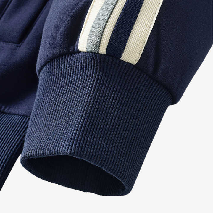 "Men's cotton tracksuit with zip-up jacket, drawstring pants; features sporty stripes, ideal for workouts or casual wear."