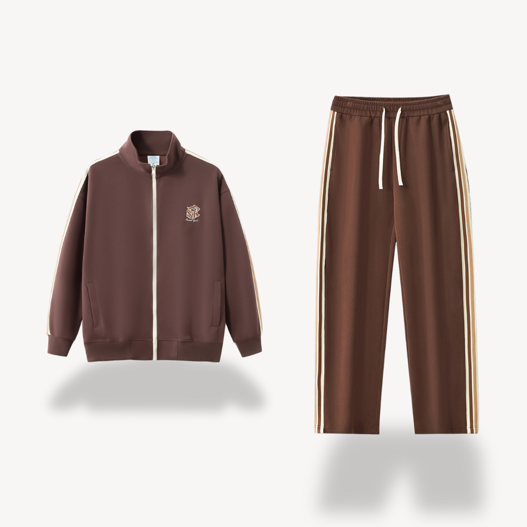 "Men's cotton tracksuit with zip-up jacket, drawstring pants; features sporty stripes, ideal for workouts or casual wear."