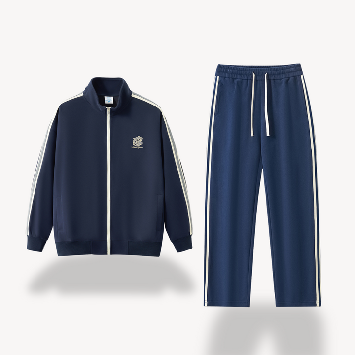 "Men's cotton tracksuit with zip-up jacket, drawstring pants; features sporty stripes, ideal for workouts or casual wear."