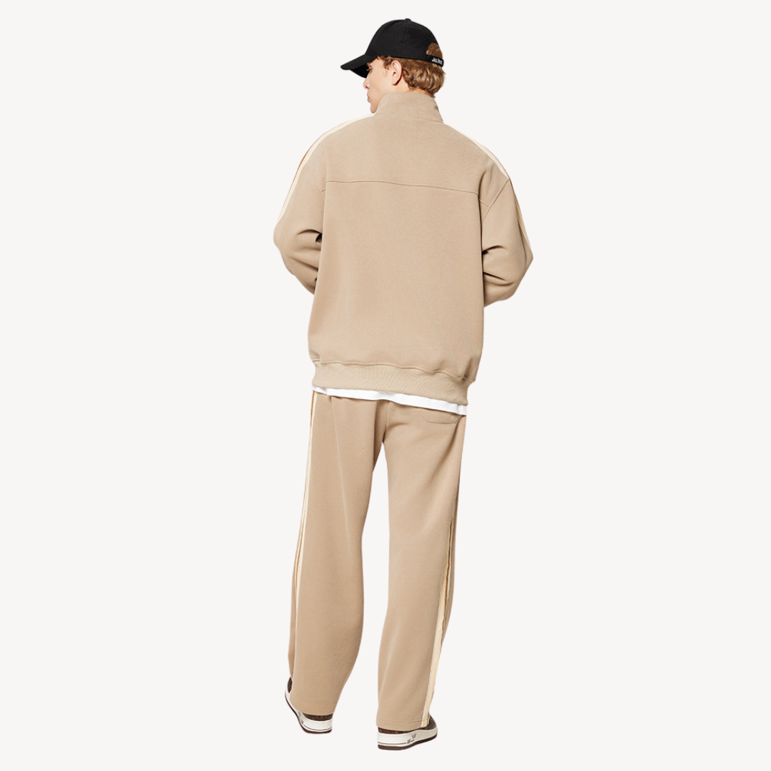 "Men's cotton tracksuit with zip-up jacket, drawstring pants; features sporty stripes, ideal for workouts or casual wear."