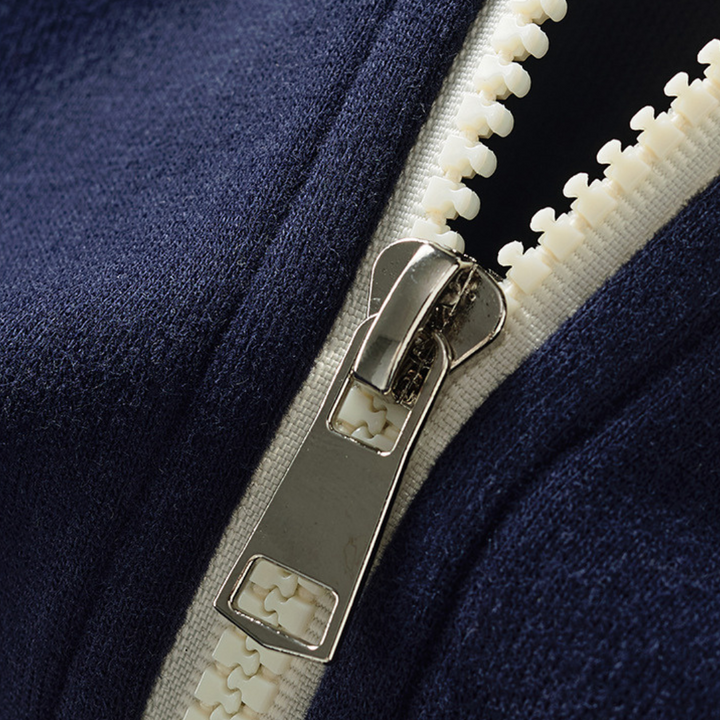 "Men's cotton tracksuit with zip-up jacket, drawstring pants; features sporty stripes, ideal for workouts or casual wear."