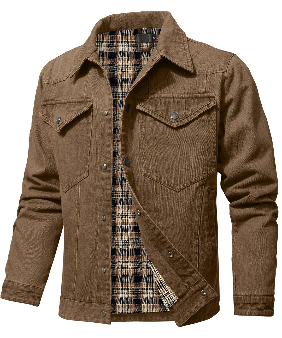 Men's denim wanderer jacket, flannel-lined, brown color, dual chest pockets, button-front closure, rugged and stylish.