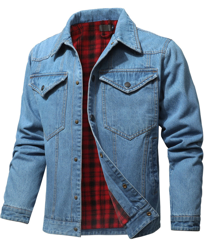 Men's denim wanderer jacket, flannel-lined, brown color, dual chest pockets, button-front closure, rugged and stylish.