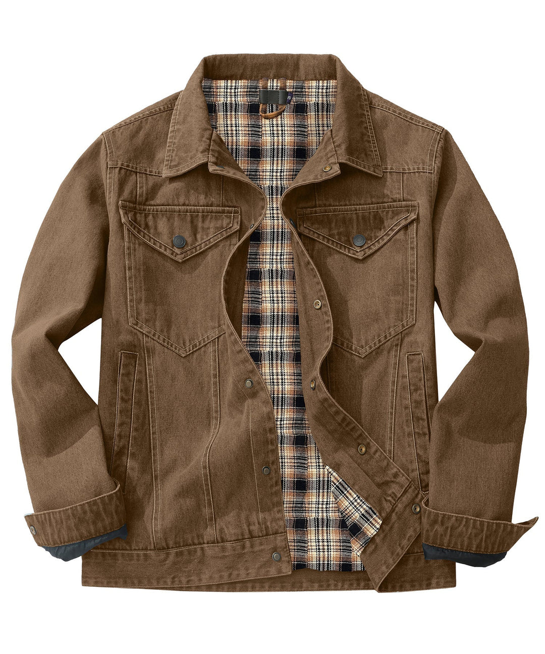 Men's denim wanderer jacket, flannel-lined, brown color, dual chest pockets, button-front closure, rugged and stylish.