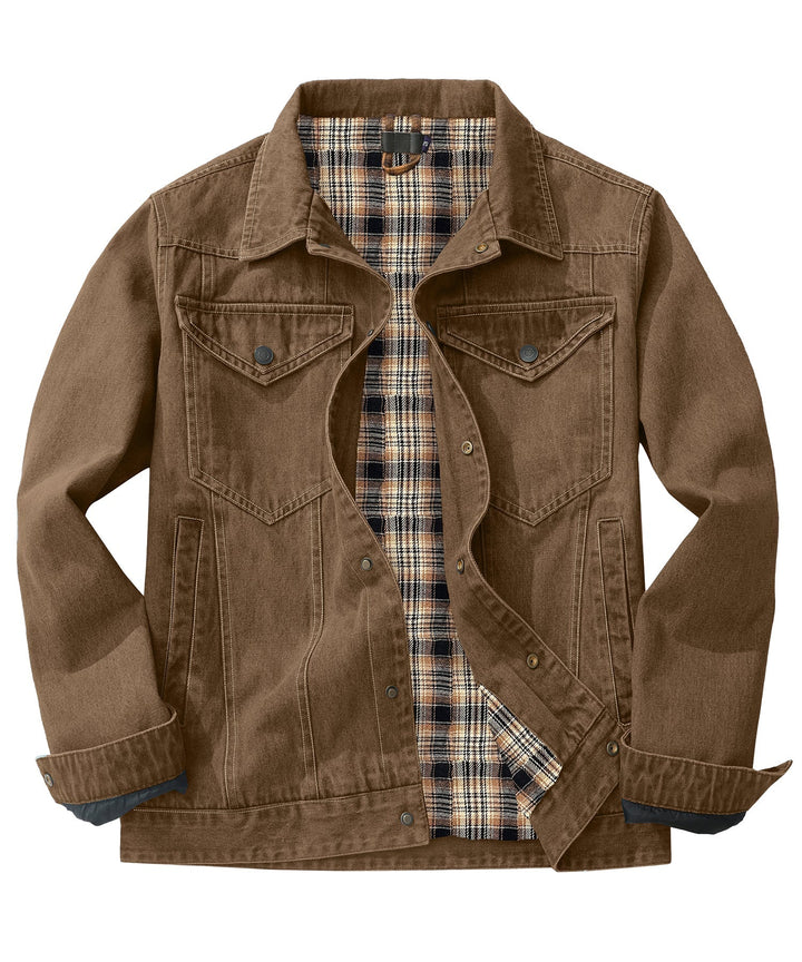 Men's denim wanderer jacket, flannel-lined, brown color, dual chest pockets, button-front closure, rugged and stylish.