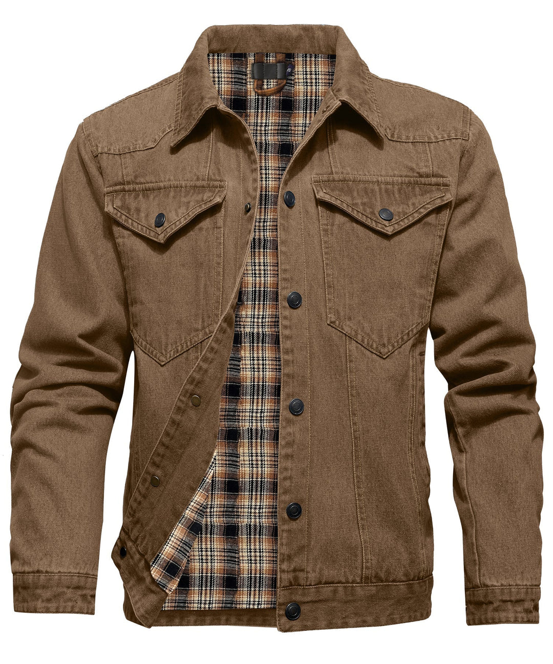 Men's denim wanderer jacket, flannel-lined, brown color, dual chest pockets, button-front closure, rugged and stylish.