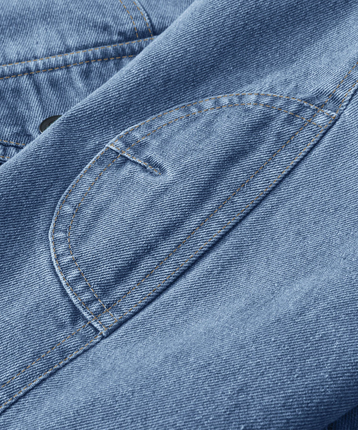 Men's denim wanderer jacket, flannel-lined, brown color, dual chest pockets, button-front closure, rugged and stylish.