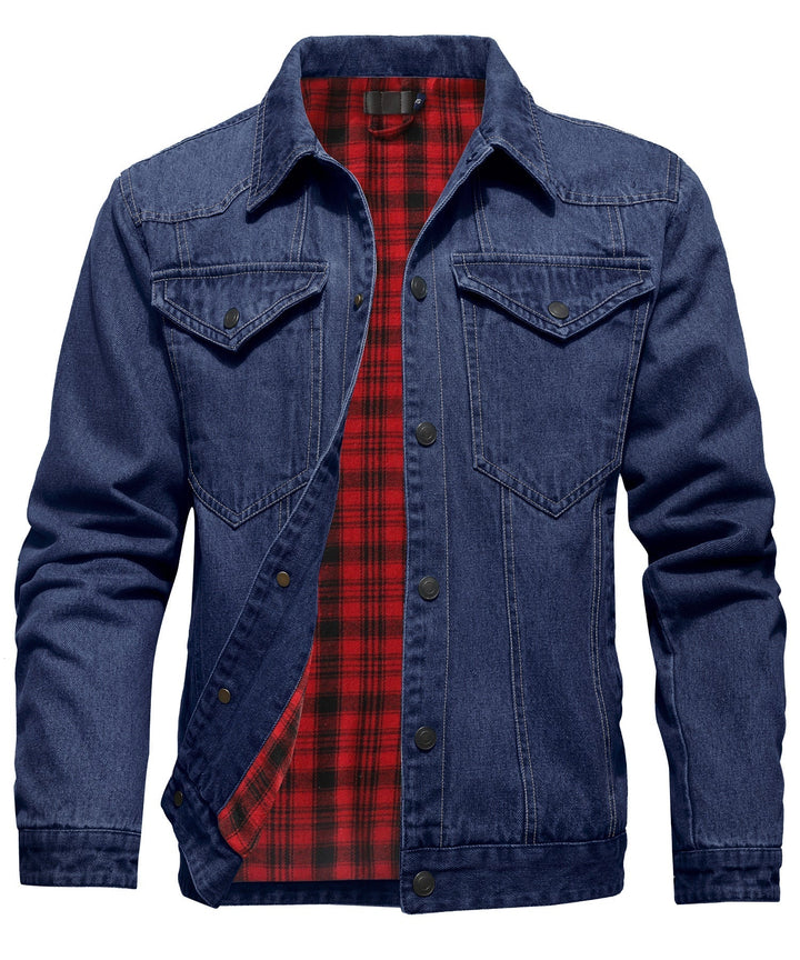 Men's denim wanderer jacket, flannel-lined, brown color, dual chest pockets, button-front closure, rugged and stylish.