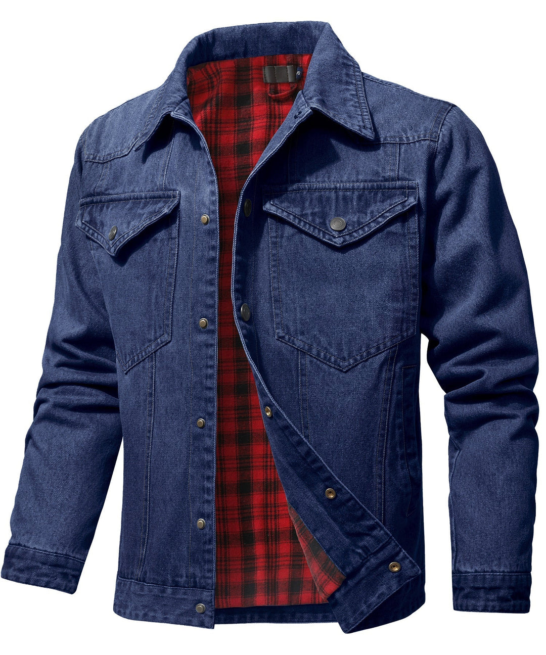 Men's denim wanderer jacket, flannel-lined, brown color, dual chest pockets, button-front closure, rugged and stylish.