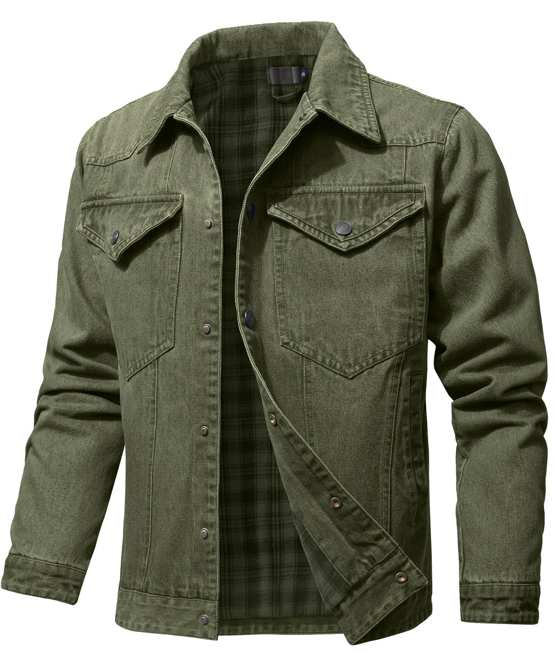 Men's denim wanderer jacket, flannel-lined, brown color, dual chest pockets, button-front closure, rugged and stylish.