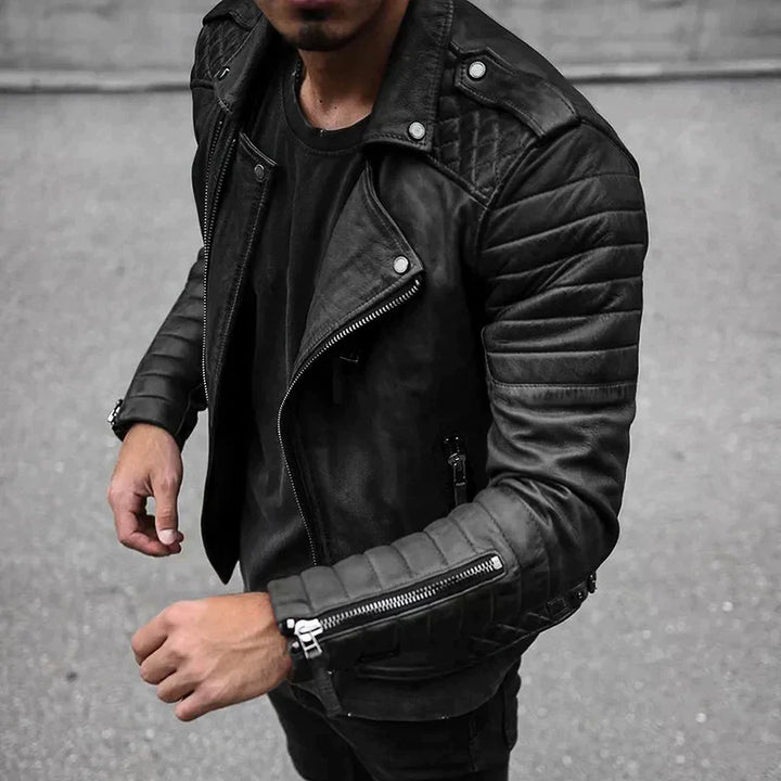 "Men's elegant leather jacket, black with sleek design, perfect for all seasons, versatile for smart and casual looks."