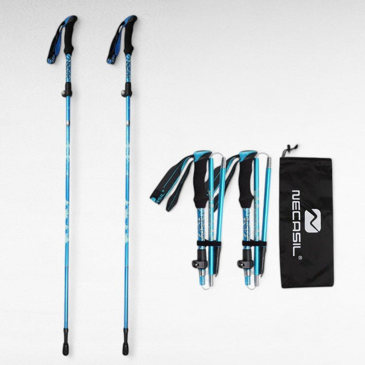 Men's ergonomic aluminum trekking poles with anti-slip grips and adjustable length, ideal for hiking on all terrains.