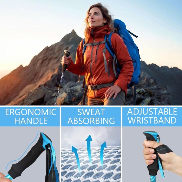 Men's ergonomic aluminum trekking poles with anti-slip grips and adjustable length, ideal for hiking on all terrains.