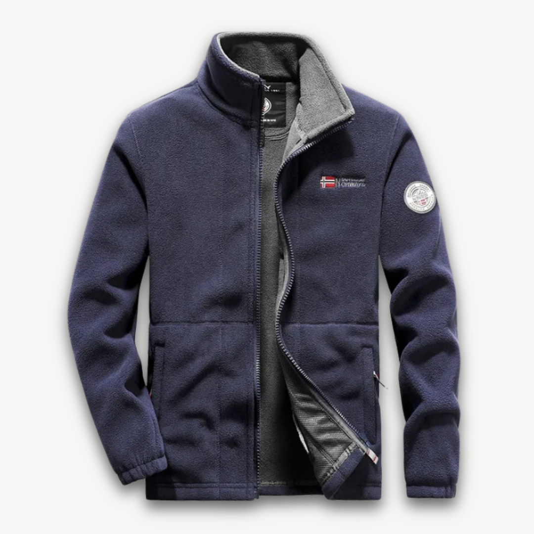 "Men's fleece jacket with full-zip front, thermal lining, in navy, side view against a white background."