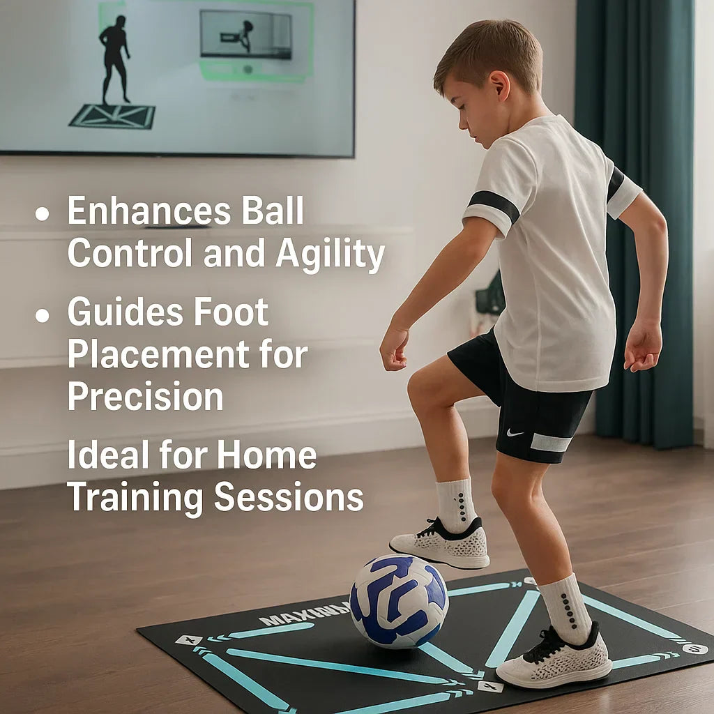 Men's football training mat, anti-slip, compact 90x60cm, with video program, ideal for home skill enhancement sessions.