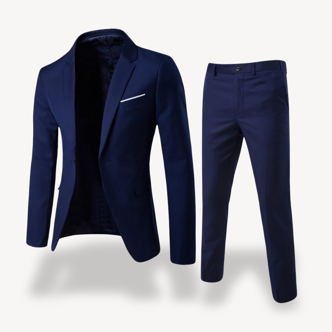 "Men's formal two-piece suit, featuring a blazer and pants, slim fit, available in black, gray, brown, and more colors."