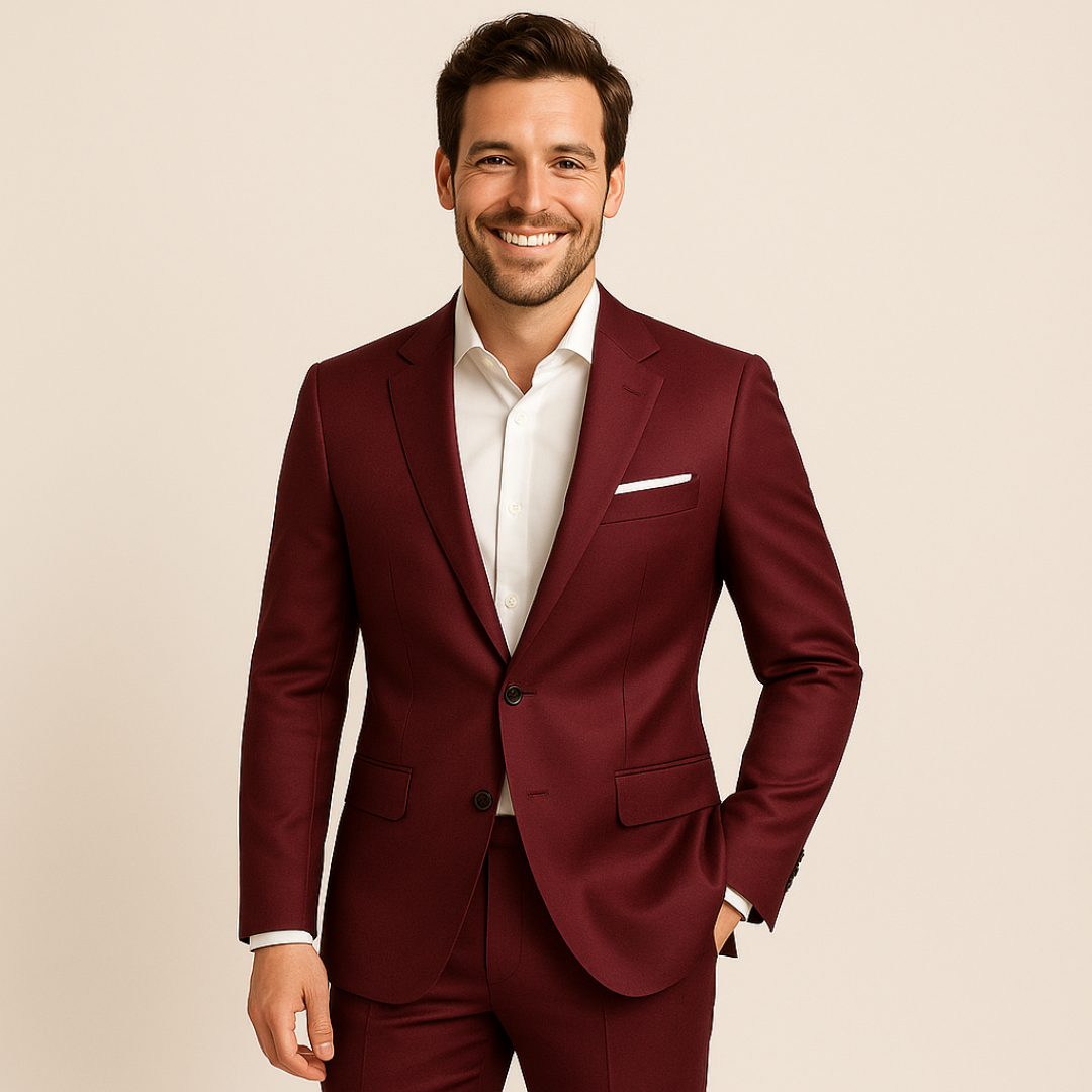 "Men's formal two-piece suit, featuring a blazer and pants, slim fit, available in black, gray, brown, and more colors."