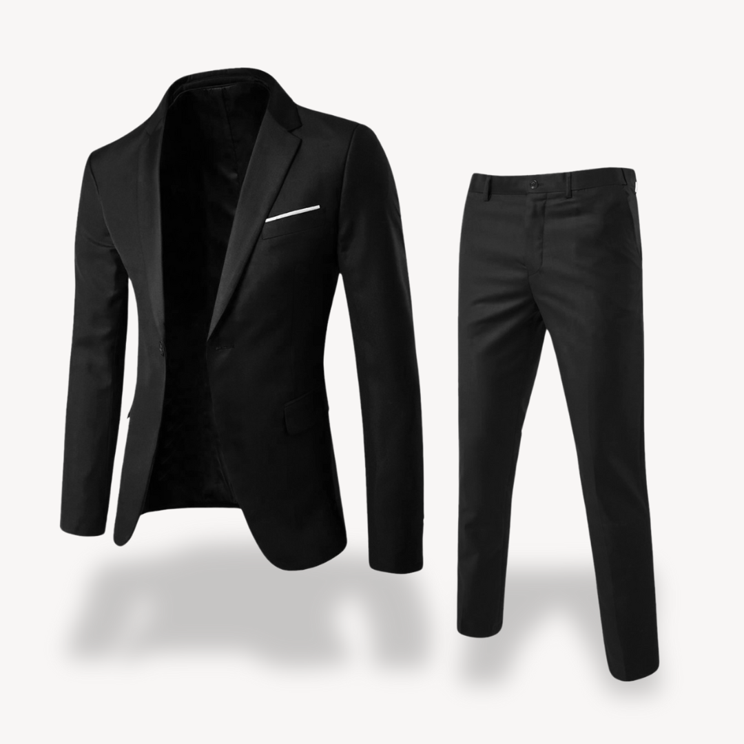"Men's formal two-piece suit, featuring a blazer and pants, slim fit, available in black, gray, brown, and more colors."
